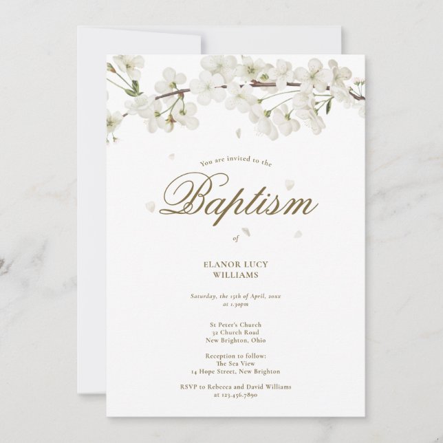 Invitation Baptême Christening Élégante floraison blanche  (Devant)
