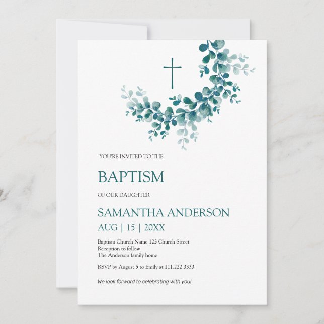 Invitation Baptême Christening Eucalyptus Verdure Minimaliste (Devant)