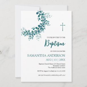 Invitation Baptême Christening Eucalyptus Vert