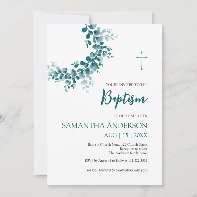 Invitation Baptême Christening Eucalyptus Vert (Devant)