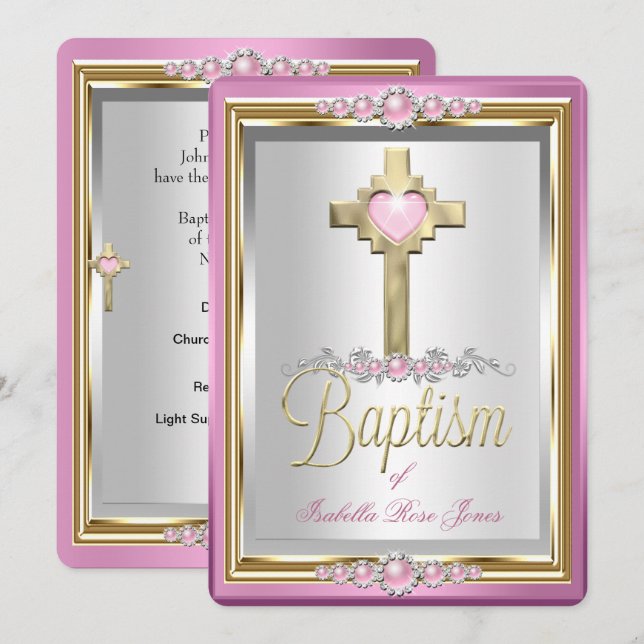 Invitation Baptême Christening Fille Croix Rose Perle (Devant / Derrière)
