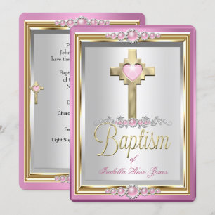 Invitation Baptême Christening Fille Croix Rose Perle