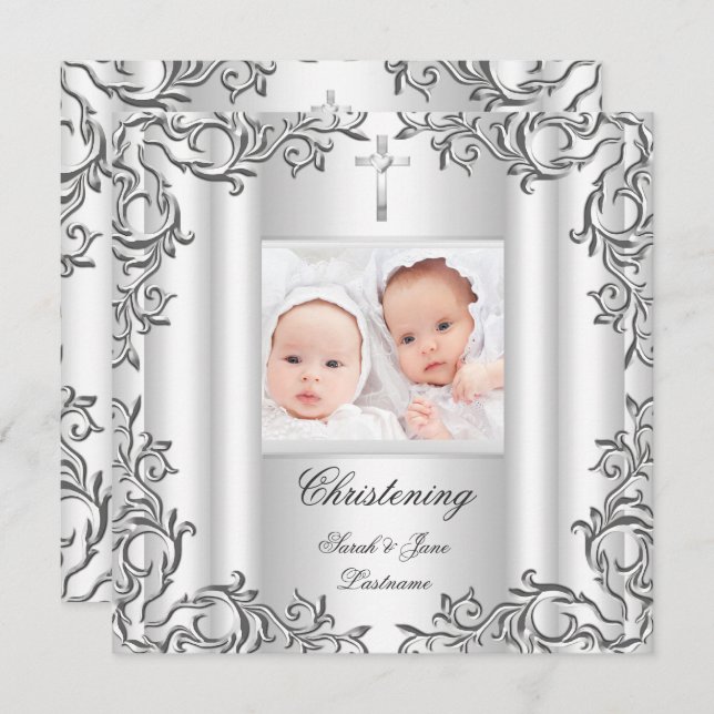 Invitation Baptême Christening Fille Garçon Jumeaux Blanc (Devant / Derrière)