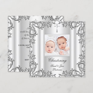 Invitation Baptême Christening Fille Garçon Jumeaux Blanc