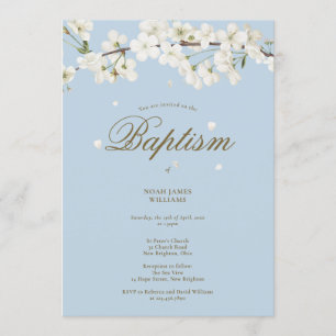 Invitation Baptême Christening Fleur Floral Bleu Élégant