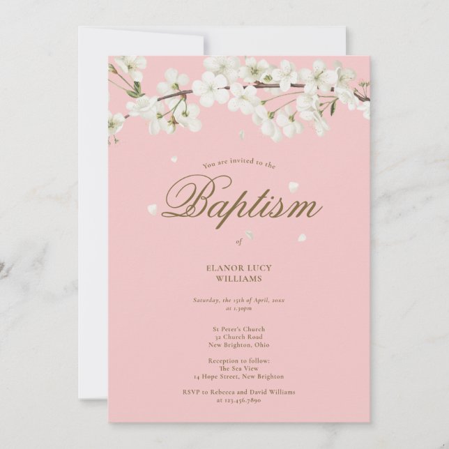 Invitation Baptême Christening Fleur Florale Rose Pâle (Devant)