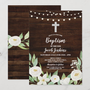 Invitation Baptême Christening Fleurs blanches Bois rustique