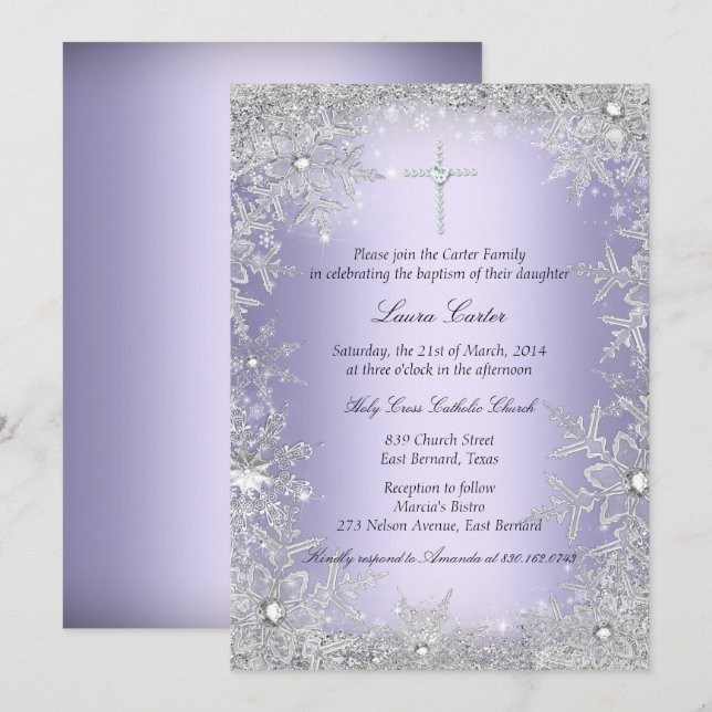 Invitation Baptême/Christening Flocon de Neige Cristal Violet (Devant / Derrière)