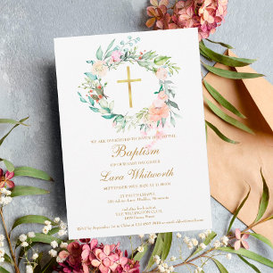 Invitation Baptême Christening Floral Aquarelle Garland