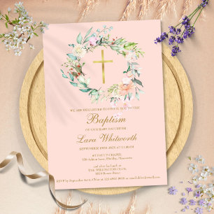 Invitation Baptême Christening Floral Garland rose pâle