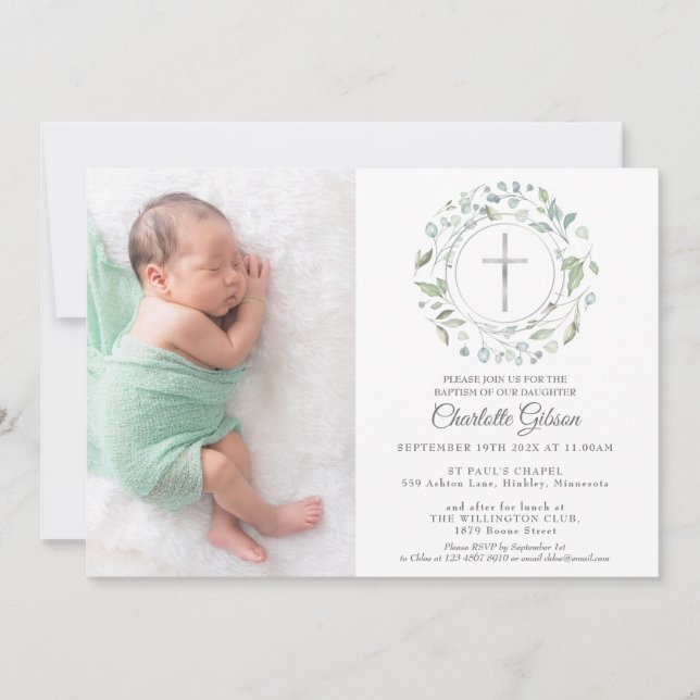 Invitation Baptême Christening Garland Silver Cross Photo (Devant)