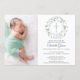 Invitation Baptême Christening Garland Silver Cross Photo