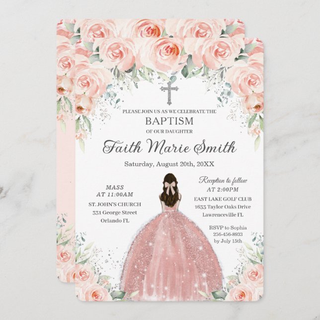 Invitation Baptême Christening Girl Blush Floral Roses Argent (Devant / Derrière)