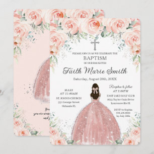 Invitation Baptême Christening Girl Blush Floral Roses Argent