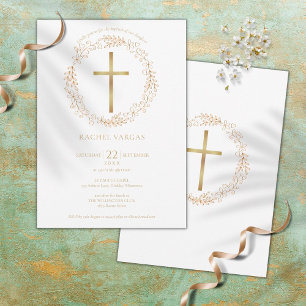 Invitation Baptême Christening Gold Cross Floral