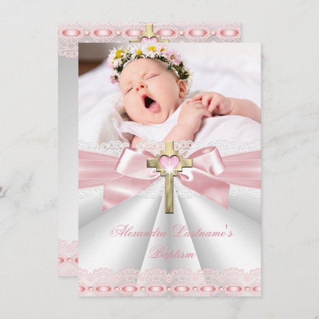 Invitation Baptême Christening Gold Cross Girls Rose 2 (Devant / Derrière)