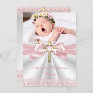 Invitation Baptême Christening Gold Cross Girls Rose 2