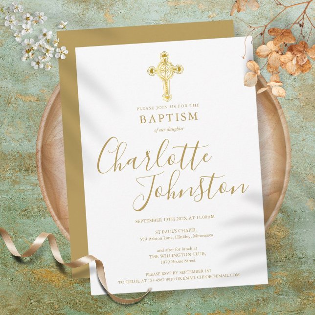 Invitation Baptême Christening Gold Cross Signature Script (Créateur téléchargé)