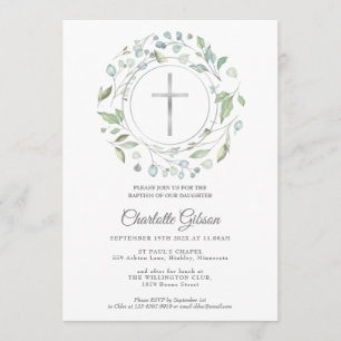 Invitation Baptême Christening Laurel Garland Silver Cross