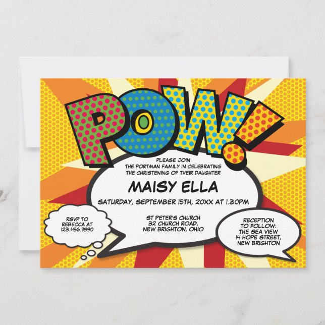 Invitation Baptême Christening Livre Comique Moderne (Devant)