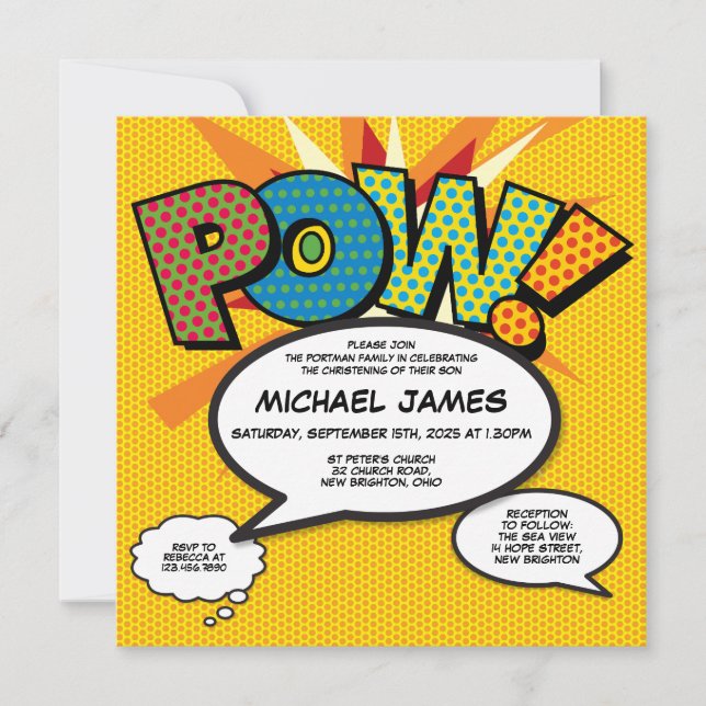 Invitation Baptême Christening Moderne Bande Dessinée Pop Art (Devant)