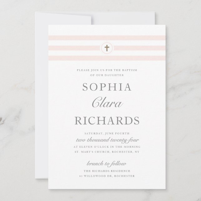 Invitation Baptême & Christening rayure classique religieux (Devant)