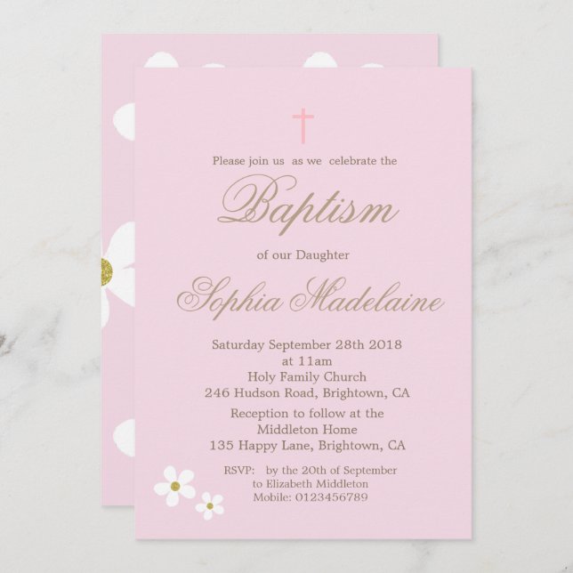 Invitation Baptême Christening Rose Floral Girl Gold (Devant / Derrière)