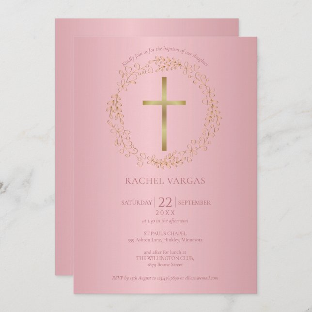 Invitation Baptême Christening Rose Gold Cross Floral (Devant / Derrière)
