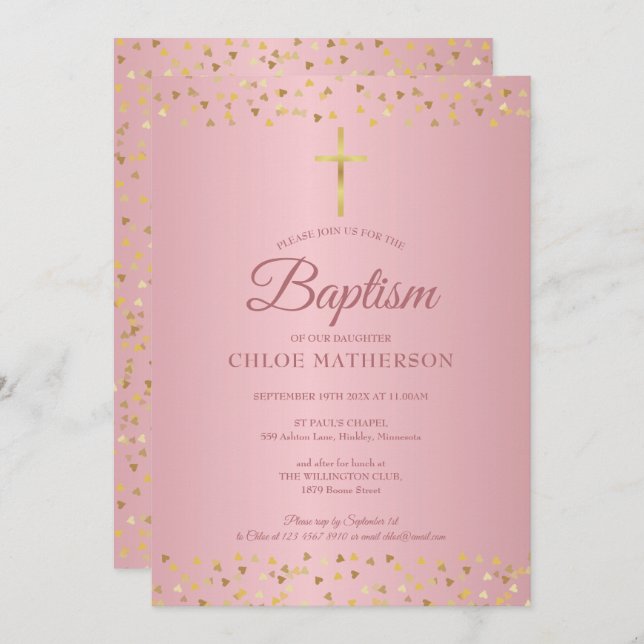 Invitation Baptême Christening Rose Gold Hearts (Devant / Derrière)