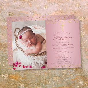 Invitation Baptême, Christening Rose Gold Hearts Photo
