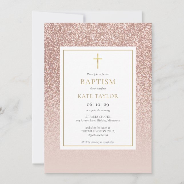 Invitation Baptême Christening Rose Gold Pailleté (Devant)