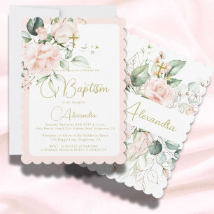 Invitation Baptême Christening Rose Rose Élégant Religieux