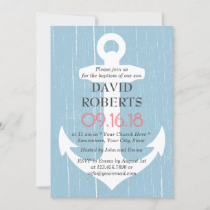Invitation Baptême Christening Rustique Bleu clair & Ancre