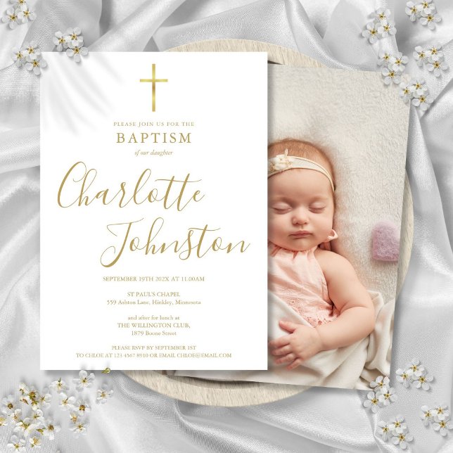 Invitation Baptême Christening Signature Script Photo Doré (Baptism Christening Golden Signature Script Photo Invitation)
