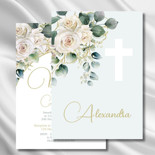 Invitation Baptême Christening Soft Green Religion Cross (Créateur téléchargé)