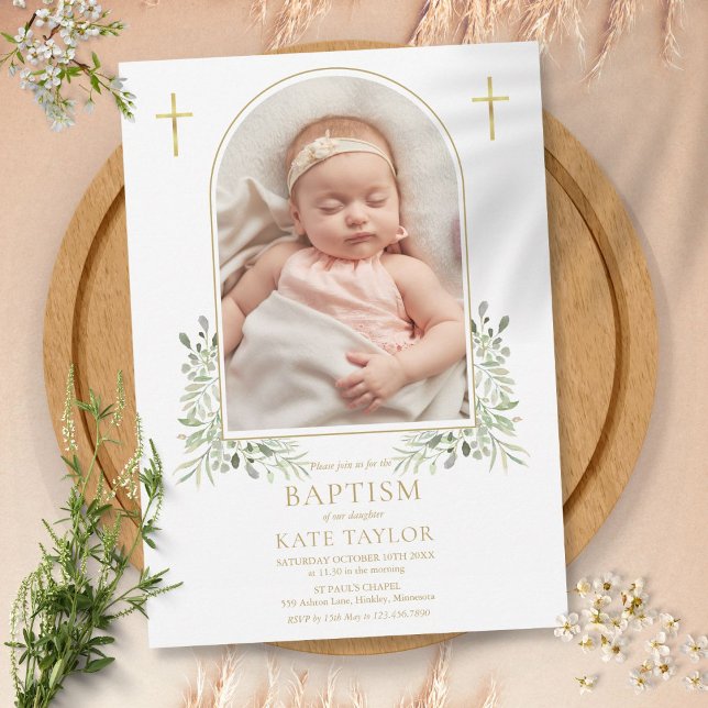 Invitation Baptême Christening Verdure Arche Photo Or  (Créateur téléchargé)