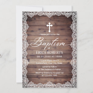 Invitation Baptême Christening Vintage dentelle Bois rustique