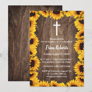 Invitation Baptême Christening Vintages Sunflowers encadrés