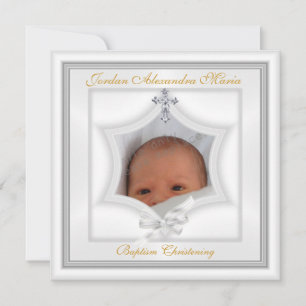 Invitation Baptême Christening White Star Photo Cross Bow