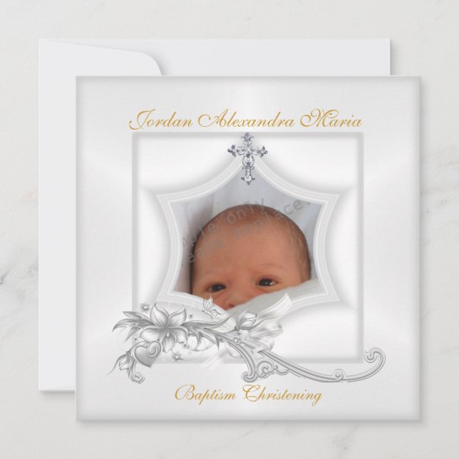 Invitation Baptême Christening White Star Photo Cross Bow (Devant)