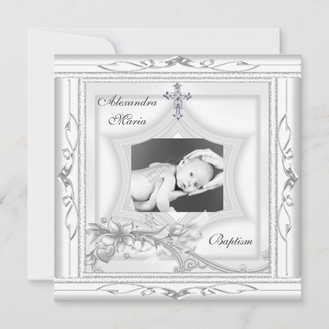 Invitation Baptême Christening White Star Photo Cross Bow (Devant)