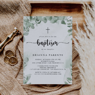Invitation Baptême classique de feuillage vert Eucalyptus