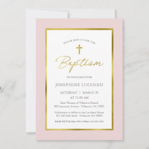 Invitation Baptême classique rose et or Script