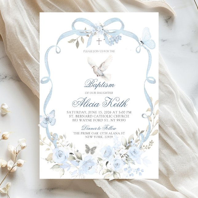Invitation Baptême Colombe Coquette Ruban Floral Bleu (Créateur téléchargé)
