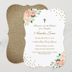 Invitation Baptême Confetti Floral Or Doré Pêche