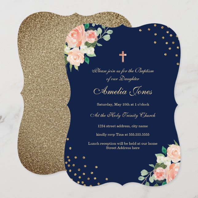 Invitation Baptême Confetti Floral Or Marine (Devant / Derrière)