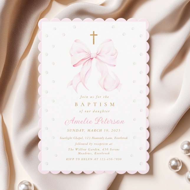 Invitation Baptême Coquette Ruban Rose et Perles (Créateur téléchargé)