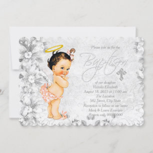 Invitation Baptême Corail et Gris Angélique Vintage
