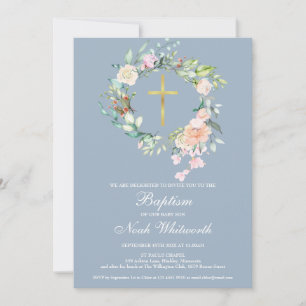 Invitation Baptême Couronne Florale Bleu Poussiéreux