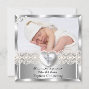 Invitation Baptême Crème Argent Photo Coeur Croix Garçon Fill